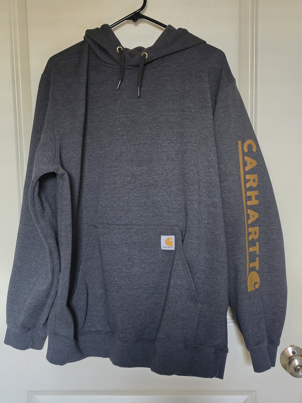 Carhartt Men's Charcoal Gray Hoodie with Gold Sleeve Logo